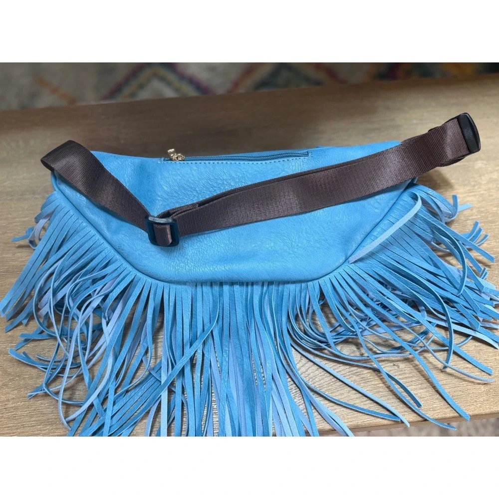 Fringe Tassel Fanny Pack Waist Bag Denim Blue Faux Leather Festival Boho Western - Picture 7 of 8